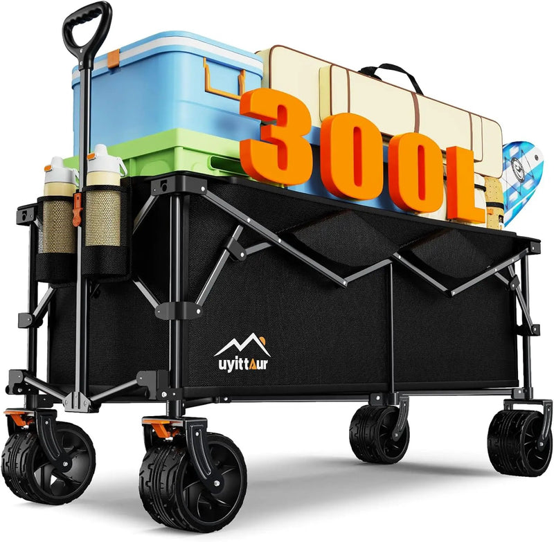 300L Extra Large Collapsible Foldable Wagon, 440lbs Load Capacity 48''L Extended Heavy Duty Folding Beach Wagon with Big All-Terrain Wheels, Utility Garden Cart for Outdoor Activities, Black by GreenHaven Gardens