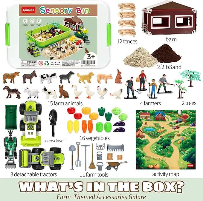 69 PCS Farm Sensory Bin Toys Playset, Sandboxes with Sand, Farmer Tractor & Farm Animals Figures Toys for Kids 3 4 5, Gifts for 6 7 Years Old Boys Girls Toddlers by GreenHaven Gardens