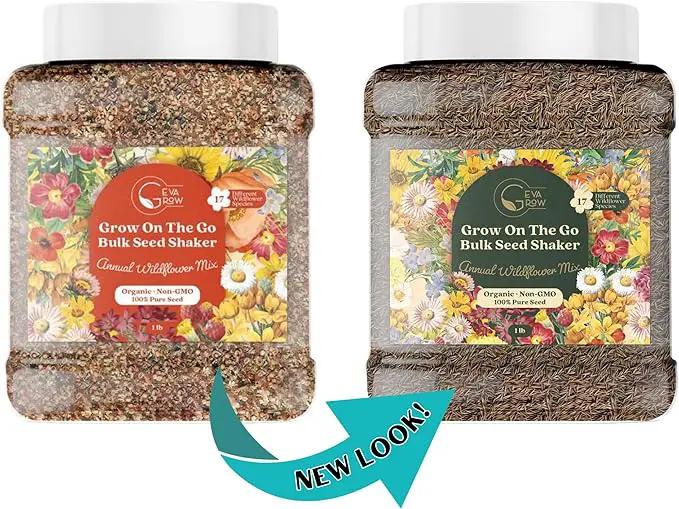 Wildflower Seed Shaker – Annual Mix by GevaGrow | 17 Variety Flower Seeds for Planting in Pots & Outdoor Gardens, Bulk 300,000+ Seeds - 1 Pound Tub by GreenHaven Gardens