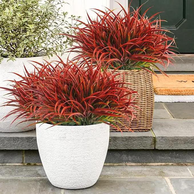 Uieke 28 Bundles Artificial Outdoor Plants UV Resistant Fake Grass Plants Faux Plastic Plants Greenery Shrubs for Home Garden Pathway Window Box Front Porch Cemetery Fall Decor, Autumn Red by GreenHaven Gardens