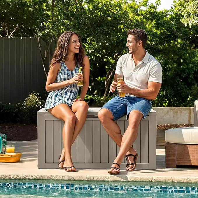 YITAHOME 72 Gallon Outdoor Resin Deck Box with Wheels, Pool Storage Box for Outdoor Cushions, Sports Equipment, Garden Tools, Light Brown by GreenHaven Gardens