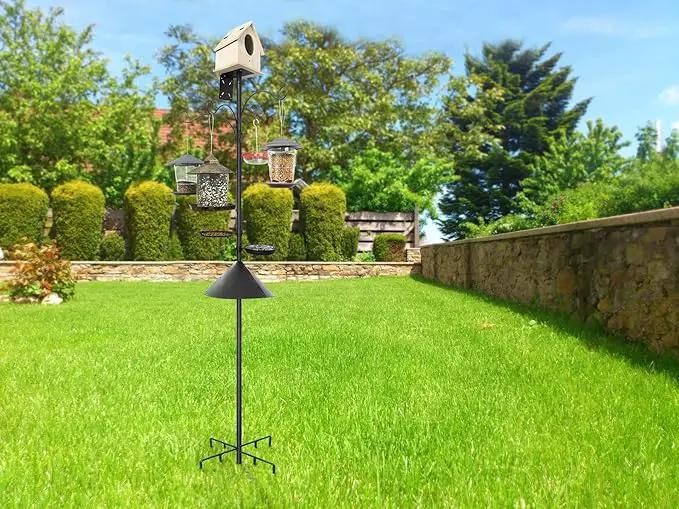 eWonLife 92 Inch Bird Feeder Pole with Squirrel Baffle & Upgraded 9-Prong Base, Adjustable Bird House Pole for Outdoors Heavy Duty, Bird Feeder Stand Post Station with 4 Shepherd Hooks, Birdbath, Tray by GreenHaven Gardens