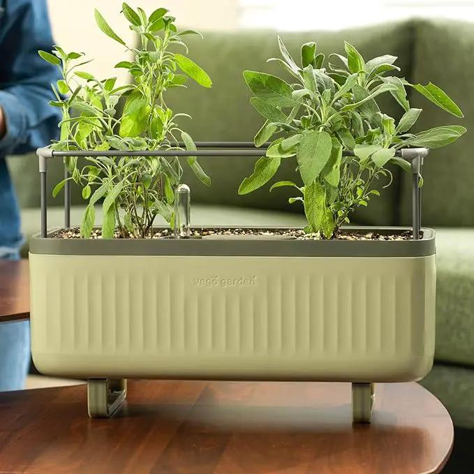 Vego Garden 2 Pack Herb Indoor Plant Box, Self Watering Planters Pots with Trellis for Kitchen Window Sill or Countertop Plants Cage - Sage Green by GreenHaven Gardens