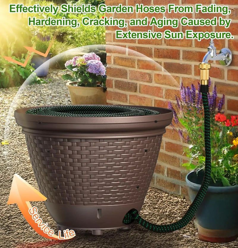 Riokko Garden Hose Holder Pot, Decorative Wicker Hose Holder, Water Hose Storage for Outside/Garage, Hose Box Fits 100-400 FT Hoses with 5 Drain Holes, Large Capacity & Assembly Required, Java by GreenHaven Gardens