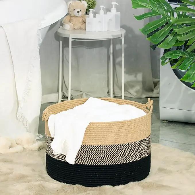 KAKAMAY Large Blanket Basket (20"x13"),Woven Rope Baskets for storage Baby Laundry Hamper, Cotton Rope Blanket Basket for Living Room, Laundry, Nursery, Pillows,Baby Toy chest (Jute/Black) by GreenHaven Gardens