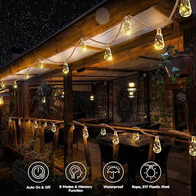 Solar Outdoor String Lights, 2 Pack 20Ft Vintage Rope Hemp Solar Patio Lights, Waterproof Warm White Solar Powered String Lights With 8 Modes 16 Shatterproof Bulbs for Fence Stairs Balcony Café Bistro by GreenHaven Gardens