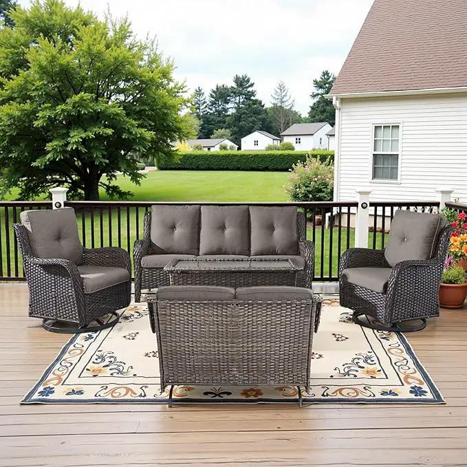 5 Piece Outdoor Patio Furniture Set - Outdoor Conversation Couch and Loveseat Glider Chair Furniture Set with Rattan Coffee Table for Deck Balcony Poolside Brown Wicker/Grey Cushions by GreenHaven Gardens