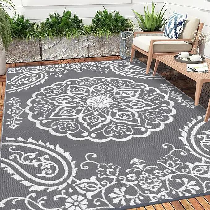 Pauwer Waterproof Outdoor Rug 6x9, Reversible Plastic Straw Patio Camping Rug, Indoor Outdoor RV Mat Carpet for Deck, Camper, Porch, Balcony, Backyard, Picnic, Boho Grey by GreenHaven Gardens