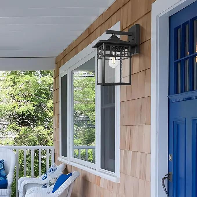Outdoor Light Fixture Wall Mount, Black Exterior Light Fixture Wall Sconces with Seeded Glass for Front Porch, 9 Inch Large Waterproof Outdoor Square Wall Lantern Outside for House Doorway by GreenHaven Gardens