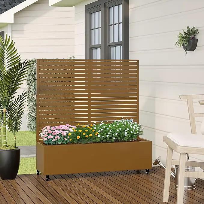 Casaphoria Metal Raised Garden Bed with Trellis and Wheels, 47"x47"x16" Planter Box for Climbing Plants, Vegetables & Vines, Features Drainage Holes and Privacy Screen (Brown-Louvered) by GreenHaven Gardens