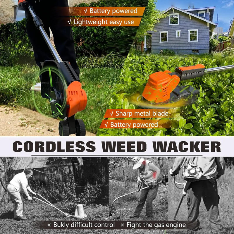 Electric Weed Wacker Eater Cordless Battery Powered, Weed Trimmer 21V Lightweight No-String with 2 Battery Operated & Wheels, 3 in 1 Stringless Grass Trimmer/Edger/Brush Cutter for Garden Yard Lawn by GreenHaven Gardens