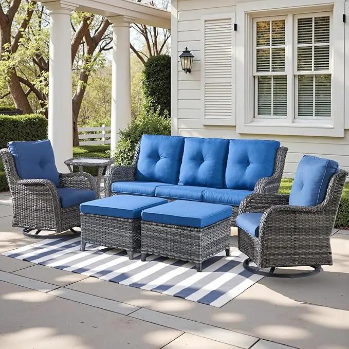Outdoor Wicker Patio Furniture Set - 6 Piece Rattan Patio Conversation Set with 2 Rocking Swivel Chairs,2 Ottomans,1 Sofa and 1 Side Table for Porch Deck Backyard Garden(Mixed Grey/Blue) by GreenHaven Gardens