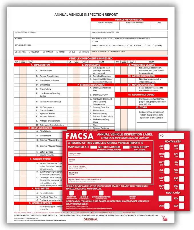 5 Pack 3-Ply Carbonless Annual Vehicle Inspection Report Forms with FMCSA Red Aluminum Adhesive Labels, DOT Inspection Forms and Stickers, Shrink-Wrapped, 8.5" x 11.75" - Made in USA by GreenHaven Gardens