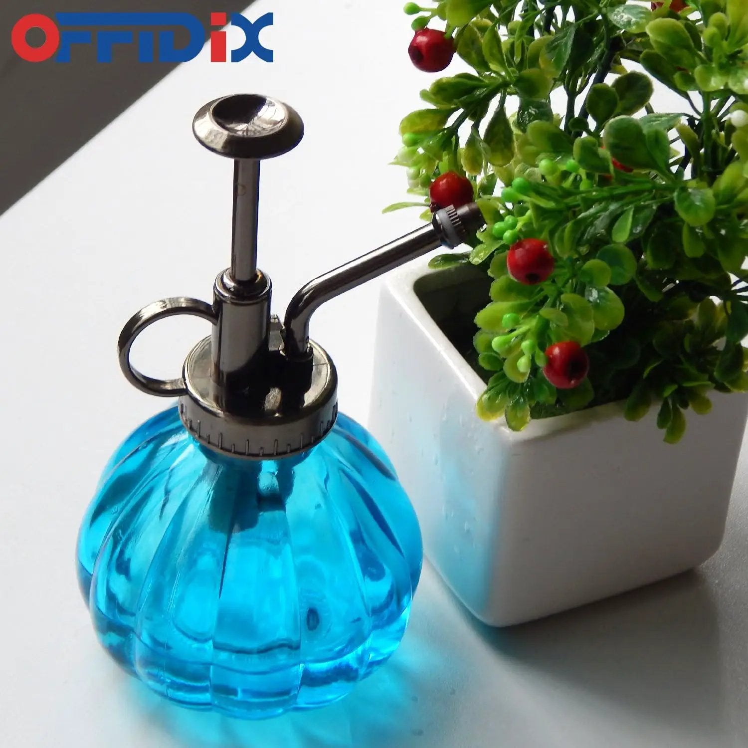 OFFIDIX Glass Watering Spray Bottle, 6.3" Tall Vintage Style with Bronze Plastic Top Pump One Hand Watering Can Spray Bottle (Light Blue) by GreenHaven Gardens
