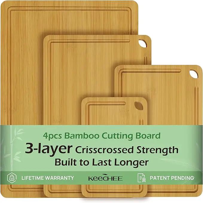 4-Pcs Natural Wood Cutting Board Set Kitchen Tools with Juice Groove, Wooden Chopping Board for Meat, Fruit, Vegetables & Cheese (Pre Oiled, Natural) by GreenHaven Gardens
