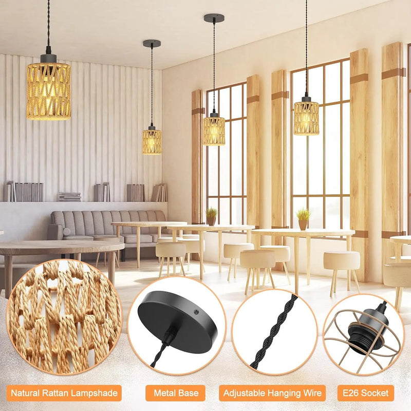 3Packs Boho Rustic Hemp Rope Pendant Light Hand-Woven Rattan Cage Basket Coastal Light Fixture Farmhouse Wicker Hanging Lighting for Kitchen Island Dining Room Bedroom by GreenHaven Gardens