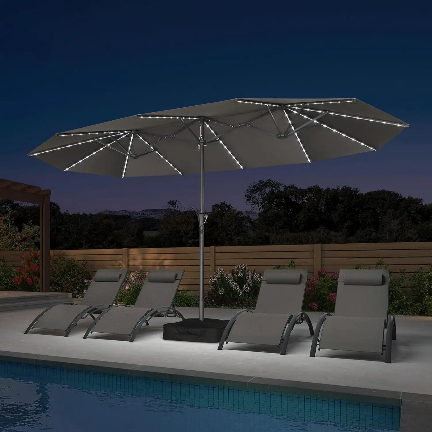 PURPLE LEAF 14ft Patio Umbrella with Solar Lights Outdoor Double-Side Market Umbrella with Base Included Rectangle Table Umbrella for Pool Garden Backyard, Grey by GreenHaven Gardens