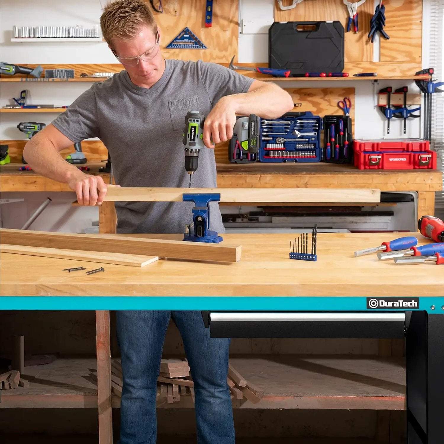 DURATECH 72” Adjustable Workbench, Heavy-Duty Rubber Wooden Top Worktable with a Drawer, 6ft Workstation with Power Strip, Peg Board, 2000 LBS Load Capacity for Workshop Garage Office Home by GreenHaven Gardens