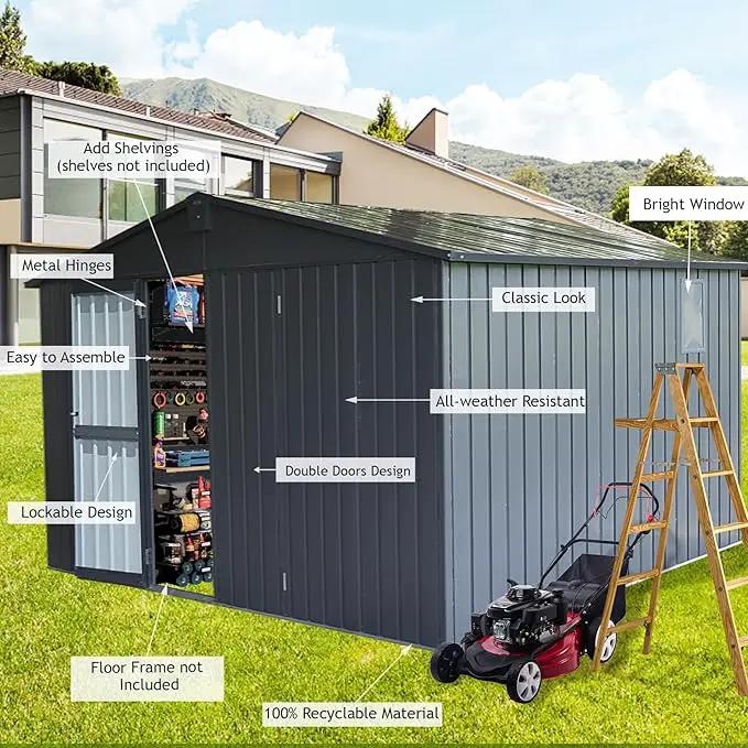 Domi Backyard Storage Shed 11’ x 12.5’ with Galvanized Steel Frame & Windows, Outdoor Garden Shed Metal Utility Tool Storage Room with Lockable Door for Patio(Dark Gray) by GreenHaven Gardens