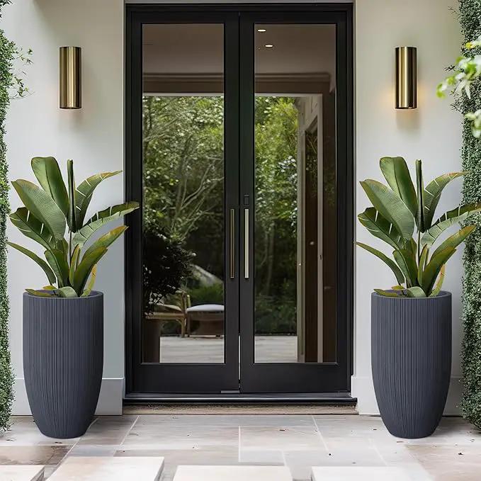 Kante 24 Inch Tall Round Concrete Planter, Large Indoor Outdoor Plant Pots with Drainage Hole and Rubber Plug, Modern Decorative Garden Pots for Home Patio Porch, Textured Charcoal by GreenHaven Gardens