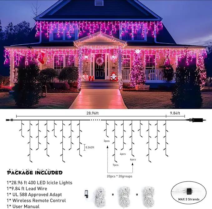JMEXSUSS 400 LED Pink Valentine Lights, Connectable Pink Christmas Lights Indoor Outdoor with Remote, Pink Icicle String Lights for Room Fireplace Decorations by GreenHaven Gardens