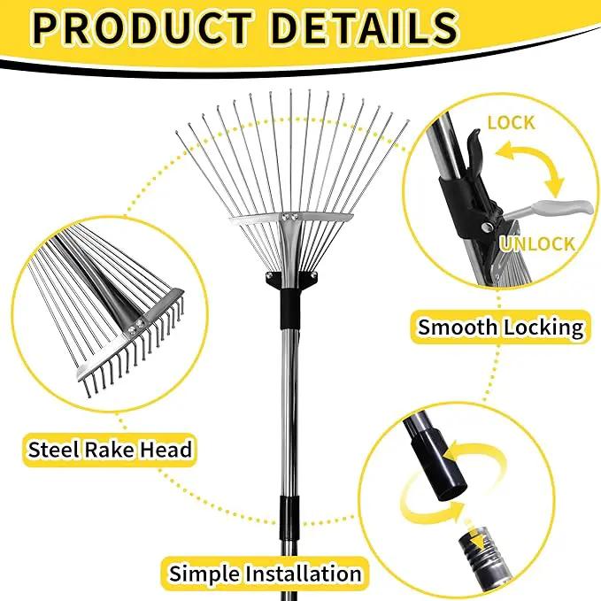 Garden Rake for Leaves,Heavy Duty Metal Adjustable Leaf Rake for Lawns,Long Handle 33"-69" with Expandable Head 8"-15",Garden Tools for Yard Lawn Shrub Garden Beds
