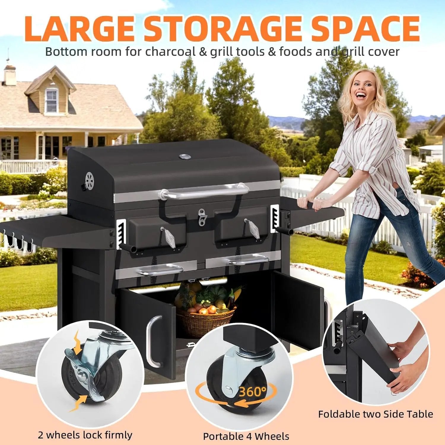MELLCOM 36 In Extra Large Charcoal Grill - 620 Sq.In Oversized BBQ Area with Storage Cabinet & Individual Lifting Charcoal Trays, Thermometer and Foldable Side Tables for Outdoor by GreenHaven Gardens