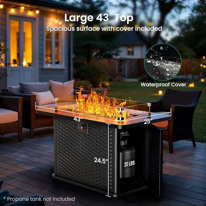 Ciays 43-Inch Rectangular Propane Fire Pit with 60,000 BTU Output, Fire Pit Table Premium Gas for Outside Patio with 304 Stainless Steel H-Burner, Glass Stones, and Wind Guard,Black by GreenHaven Gardens