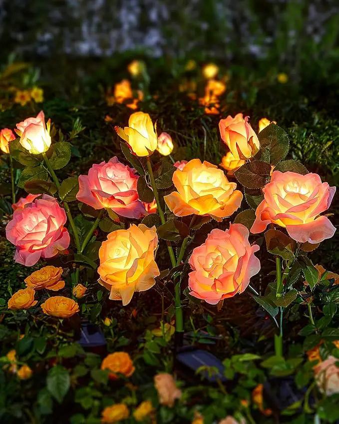 Solar Flower Lights Outdoor,Solar Garden Lights with 12 Bigger & More Realistic Flower,IP65 Waterproof Solar Powered Pathway Lights for Yard Lawn Patio Garden Decor(4Pack Rose Lights) by GreenHaven Gardens