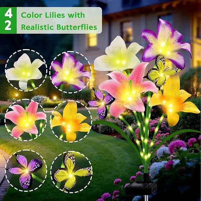 Solar Garden Lights 6 Pack 24 Lily Flowers with Butterfly Decor, Waterproof Solar Flower Lights for Outdoor - Upgraded Decorative Lilies for Yard, Patio, Pathway Decorations & Gardening Gifts by GreenHaven Gardens
