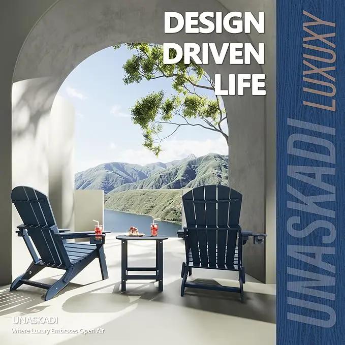 Folding Adirondack Chair Set of 4 with Cup Holder, HDPE All Weather Resistant Plastic Outdoor Patio Chairs, Heavy Duty Fire Pit Seating for Backyard Lawn Garden, Wooden Textured Design(Navy Blue) by GreenHaven Gardens