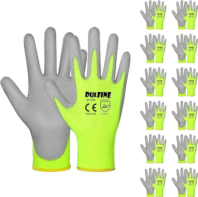 DULFINE Safety Work Gloves for Men PU Coated 12 Pairs Bulk Pack,Hi-Vis Yellow Seamless Knit Glove with thin Polyurethane Coated Smooth Grip on Palm & Fingers,Ideal for General Duty Work (Medium) by GreenHaven Gardens
