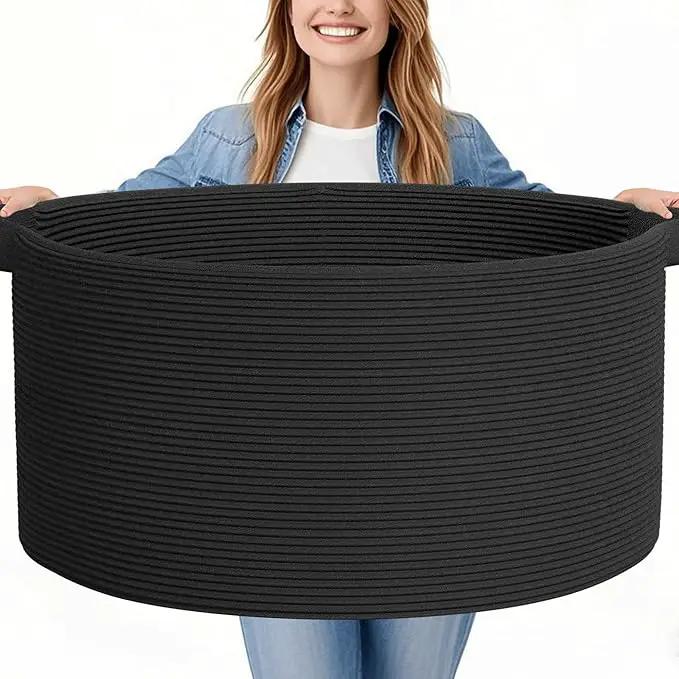 125L Extra Large Blanket Basket, 25" x 16", Jumbo Laundry Woven Baskets Decorative Home, Cotton Rope Basket with Handles, Baby Toy Baskets for Storage, Black by GreenHaven Gardens