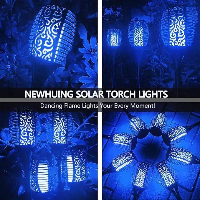 4PCs Halloween Solar Torch Lights Outdoor, 43in 96 LED, Waterproof Landscape Garden Pathway Light with Blue Vivid Dancing Flickering Flames, Auto On/Off Dusk to Dawn for Halloween Lights Decoration