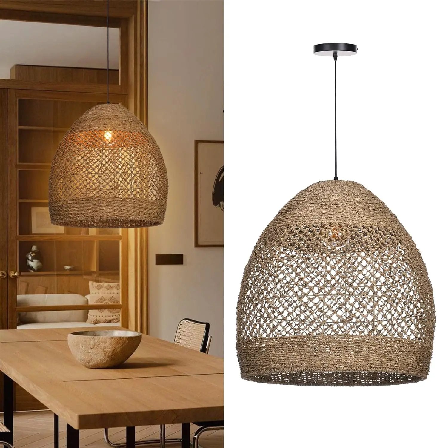 Arturesthome Rustic Rattan Pendant Light,Basket Hanging Light Ceiling Lamp for Dining Room,23.6" Farmhouse Wicker Chandelier for Living Room Foyer Bedroom Hallway by GreenHaven Gardens