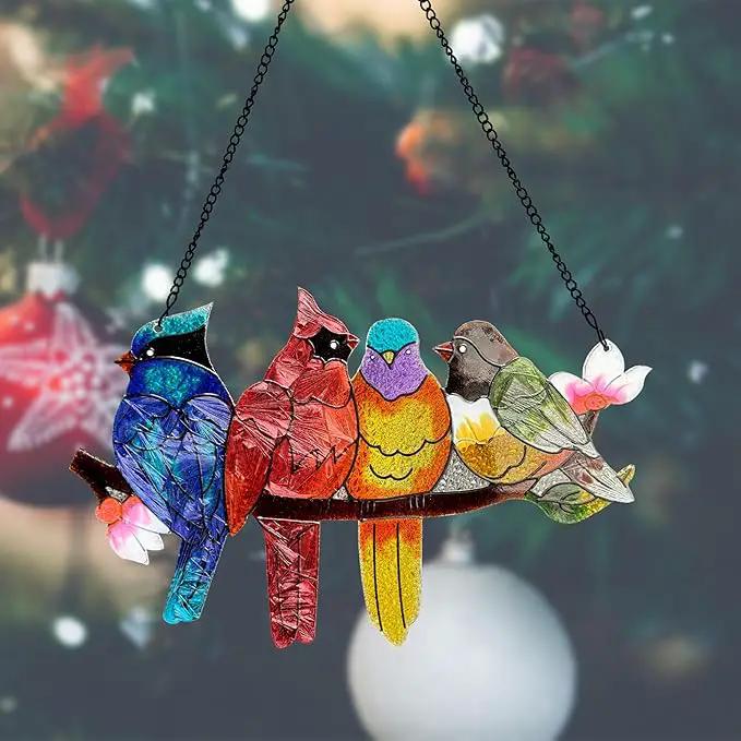 Stained Glass Window Hanging - Large Suncatcher Stained Glass Birds on Branch, Sun Catchers for Indoor Window Doors Room Home Decoration Hummingbird Gifts for Bird Lovers by GreenHaven Gardens