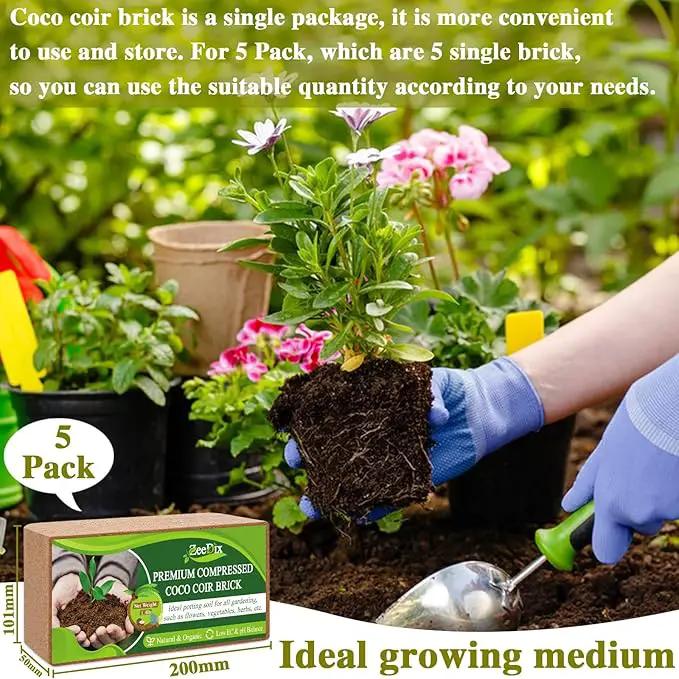 ZeeDix 5 Pack Premium Coco Coir Brick, Organic Compressed Coconut Coir Bricks Seed Starter Potting Soil for Plants, Coconut Fiber Substrate with Low EC & pH Balance for Gardening Flower Herbs by GreenHaven Gardens