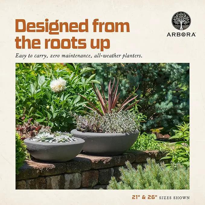 ARBORA 26" Santorini Bowl 2-Pack with Stone Blend Concrete Gray Finish - Polyresin Indoor and Outdoor Planters, Durable, Weatherproof, Lightweight, Large Plant Pots for Patio, Garden, Deck, Entryway by GreenHaven Gardens