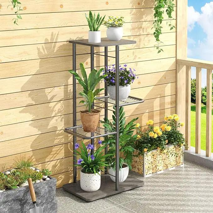Simple Trending Plant Stand Shelf Indoor Outdoor Waterproof, 4-Tier 5 Potted Heavy Duty Metal Tall Flower Holder for Multiple Corner Display by GreenHaven Gardens