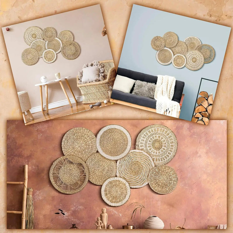 Xuhal Set of 8 Hanging Woven Wall Basket Handmade Decorative Rustic Boho Basket Decor Handcrafted Wicker Round Seagrass Wall Art for Home Kitchen Farmhouse Table Living Room by GreenHaven Gardens