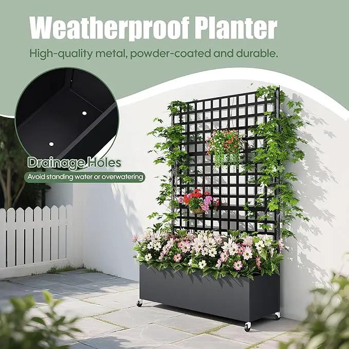 Metal Planter Box with Trellis Privacy Screen, Raised Garden Bed with Lattice Trellis & Wheels, Privacy Planters for Patio, Planter Box for Climbing Plants, Flower, 73"x 47"x 16", Black by GreenHaven Gardens