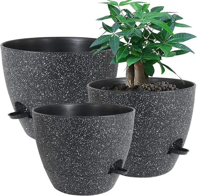Large Self Watering Pots, 12/10/9 Plastic Planters with High Drainage Holes and Deep Reservoir for Indoor Outdoor Garden Plants and Flowers, Black Speckles by GreenHaven Gardens