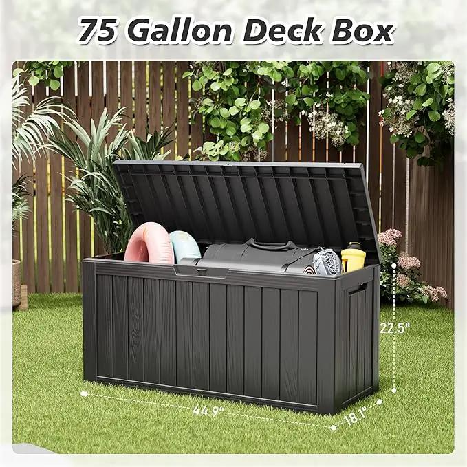 KAMABOKO Deck Box, 75 Gallon Resin Indoor and Outdoor Storage Boxes Waterproof for Garden Tools, Pool Accessories Storage Bench, Patio Furniture and Cushions with Lockable Lid, Black by GreenHaven Gardens
