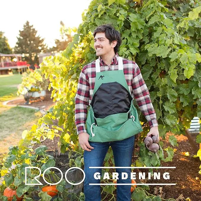 Roo Gardening Apron with Pockets & Harvesting, Picking Pouch - Adjustable, Water-resistant, Washable Canvas Cotton by GreenHaven Gardens