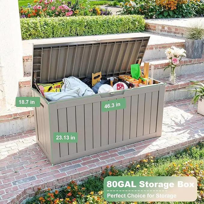 81 Gallon Outdoor Storage Box Waterproof, UV Resistant Resin Deck Box with Hydraulic Rod, Lockable Design and Enhanced Durability for Patio, Garden, and Poolside Use by GreenHaven Gardens