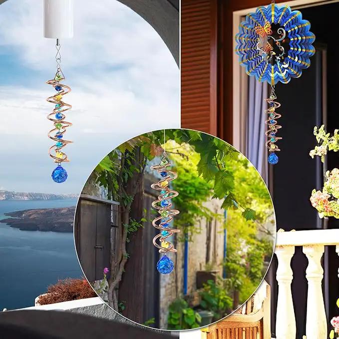 FONMY Gazing Ball Spiral Tail -Decorative Wind Spinner Sun Catcher Rainbow Maker Copper Double-Spiral W/Sea Blue Crystal Ball and Chain Crystals Beads for Indoor Outdoor Garden Decoration -14 inch H by GreenHaven Gardens