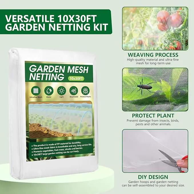 Garden Netting Kit for Raised Beds, 10x30FT Ultra Fine Mesh Netting＆ 6 Sets of 8FT Fiberglass Garden Hoops, Bird Barrier Protection Net Vegetable Plant Cover Fruit Flowers Row Cover by GreenHaven Gardens