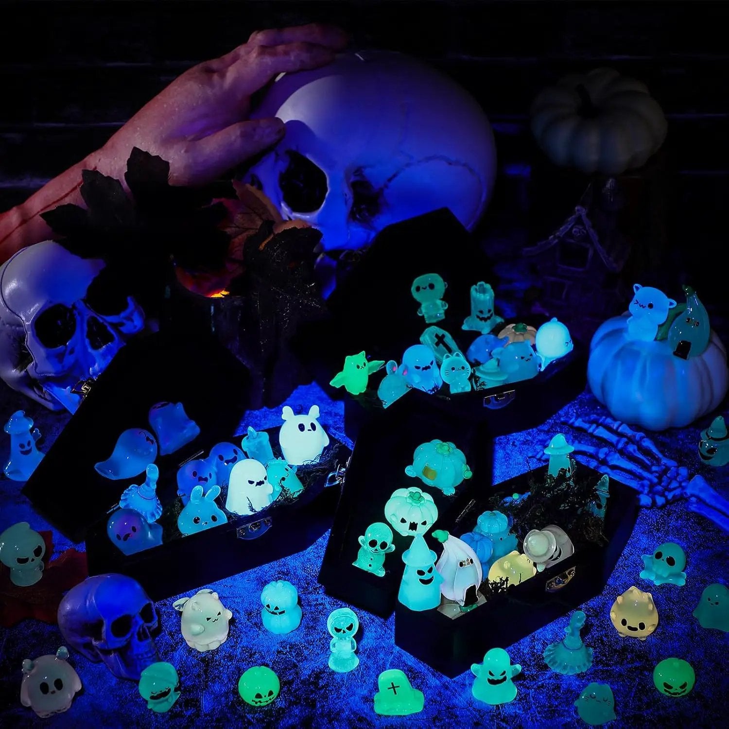 58 Pcs Halloween Luminous Mini Figures Glow in Dark Tiny Resin Figures Set Fairy House Diorama Accessories Halloween Pumpkin Ghost Skull Ornament for Garden Dollhouse Craft DIY(Ghost) by GreenHaven Gardens