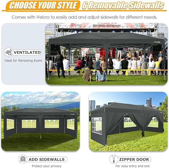 HOTEEL 10x20 Pop up Canopy with 6 Sidewalls, One Push Instant Setup Outdoor Canopy Tent with Reinforce Rod, Weight Bag, for Parties, Events, Gray by GreenHaven Gardens