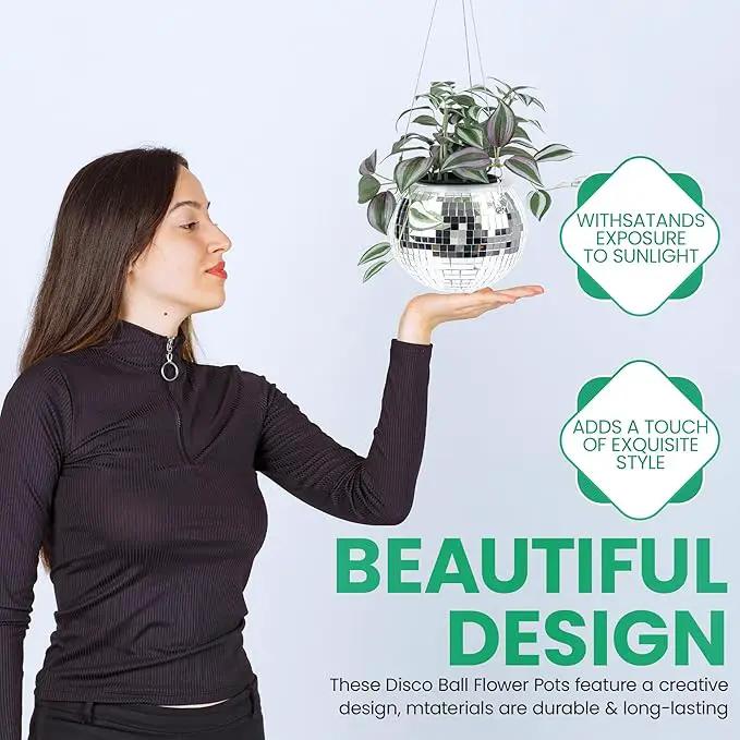 6" Disco Ball Planter – Rotating Mirror Planter with Macrame Hanger & Wooden Stand for Indoor and Outdoor Plants by GreenHaven Gardens